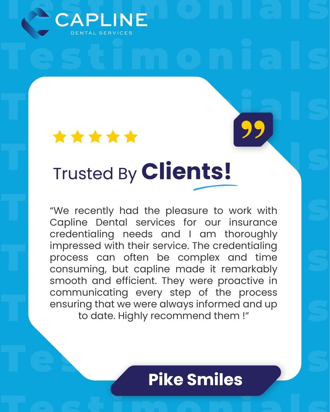 Credentialing doesn't have to be complicated when you have the right partner. Our goal is to help providers get credentialed efficiently while keeping them informed every step of the way.

Thank you to our client for trusting us and sharing your experience. Your success is our greatest achievement. 

#clientreview #happyclients #clienttestimonials #dentalbilling #caplinedentalservices